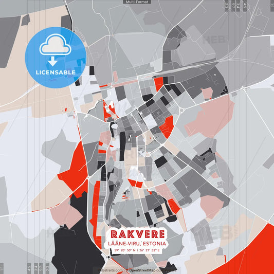 Rakvere, Lääne-Viru, Estonia - modern street map poster template with gray and red tones