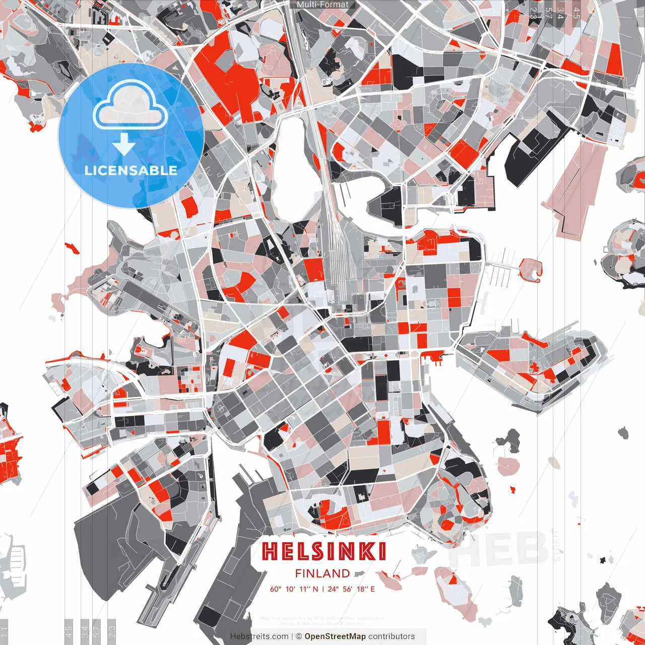 Helsinki, Finland - modern street map poster template with gray and red tones