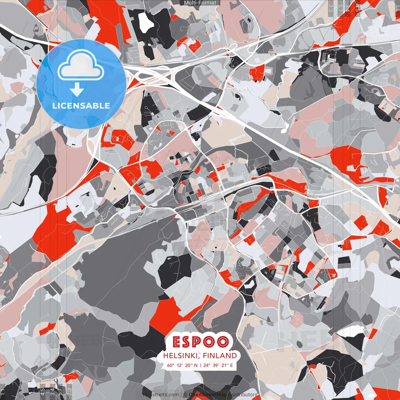 Espoo, Helsinki, Finland - modern street map poster template with gray and red tones