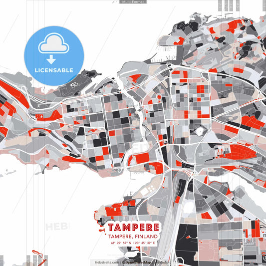 Tampere, Tampere, Finland - modern street map poster template with gray and red tones