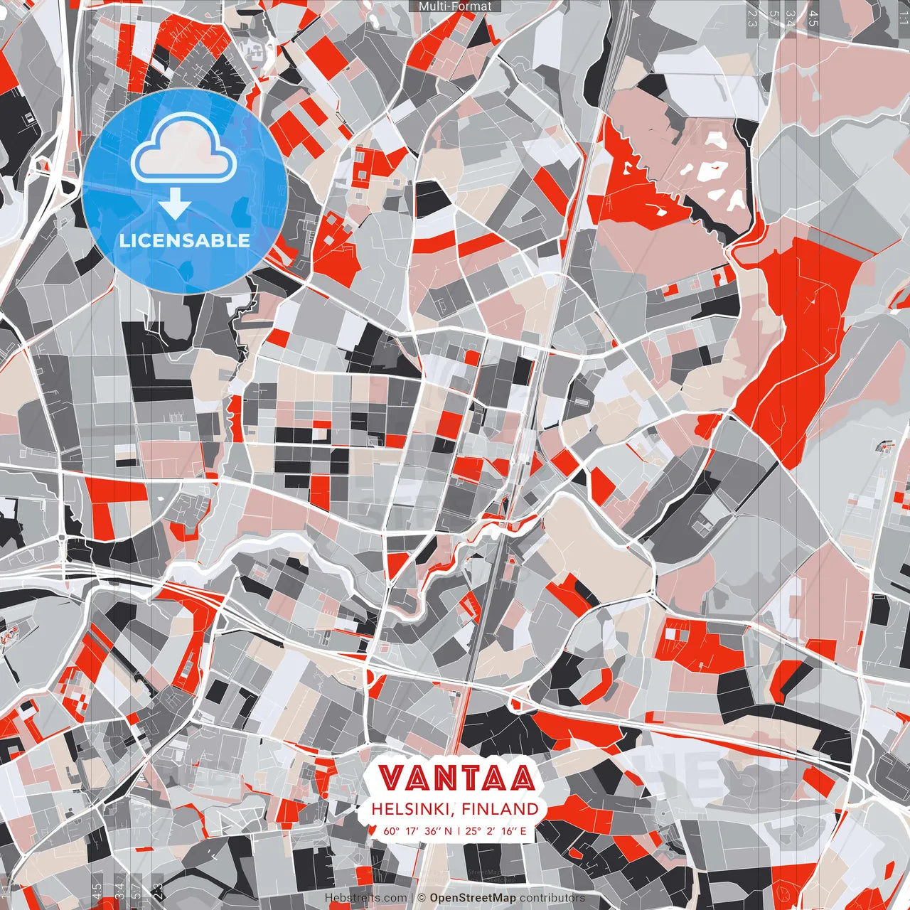 Vantaa, Helsinki, Finland - modern street map poster template with gray and red tones