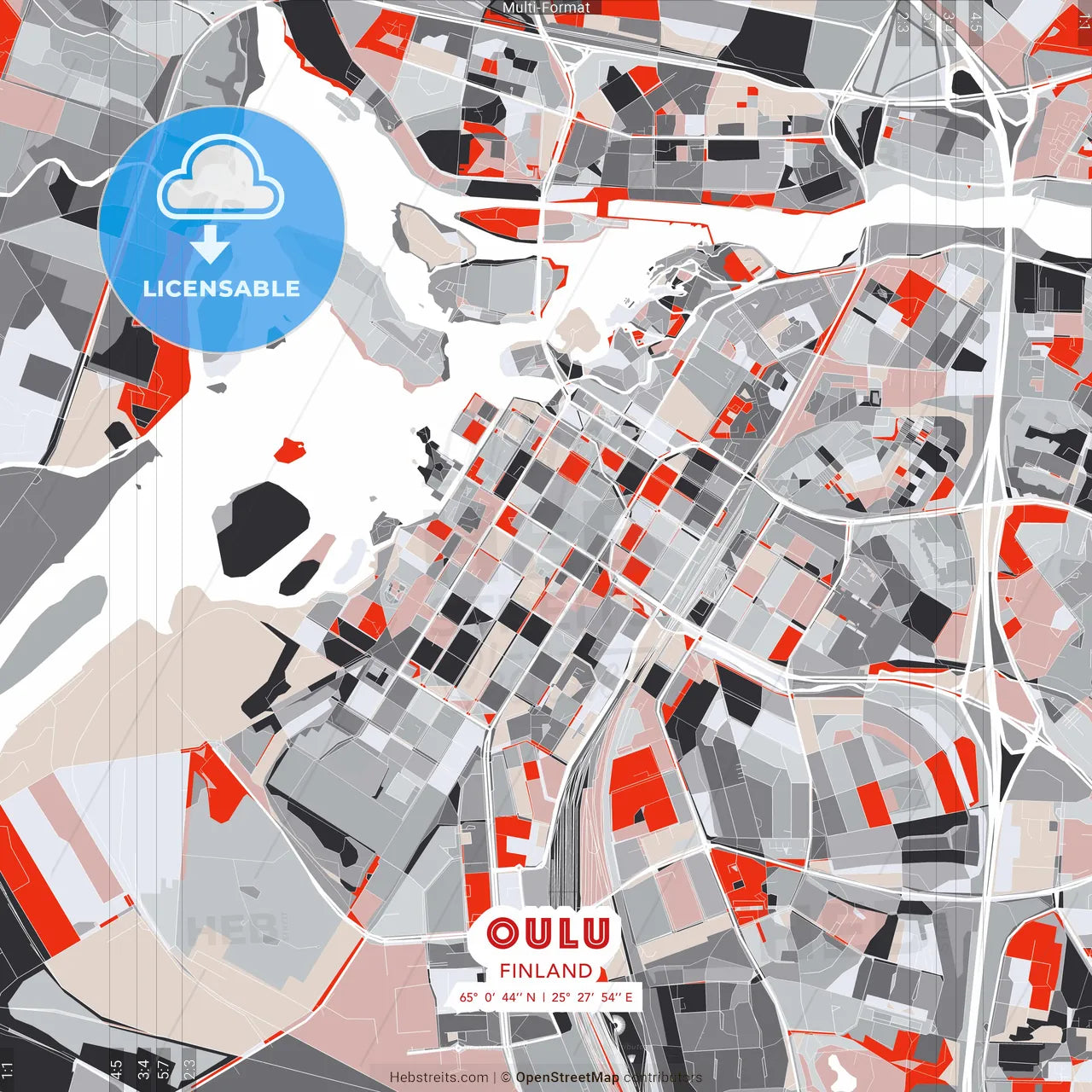 Oulu, Finland - modern street map poster template with gray and red tones