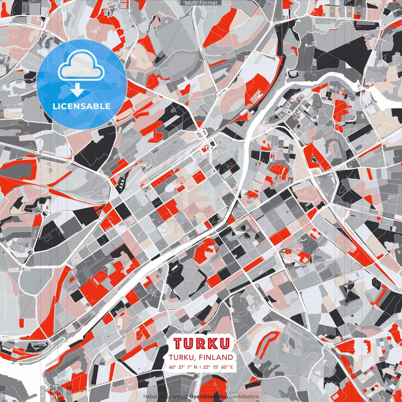 Turku, Turku, Finland - modern street map poster template with gray and red tones