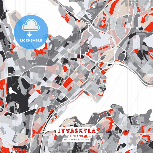 Jyväskylä, Finland - modern street map poster template with gray and red tones