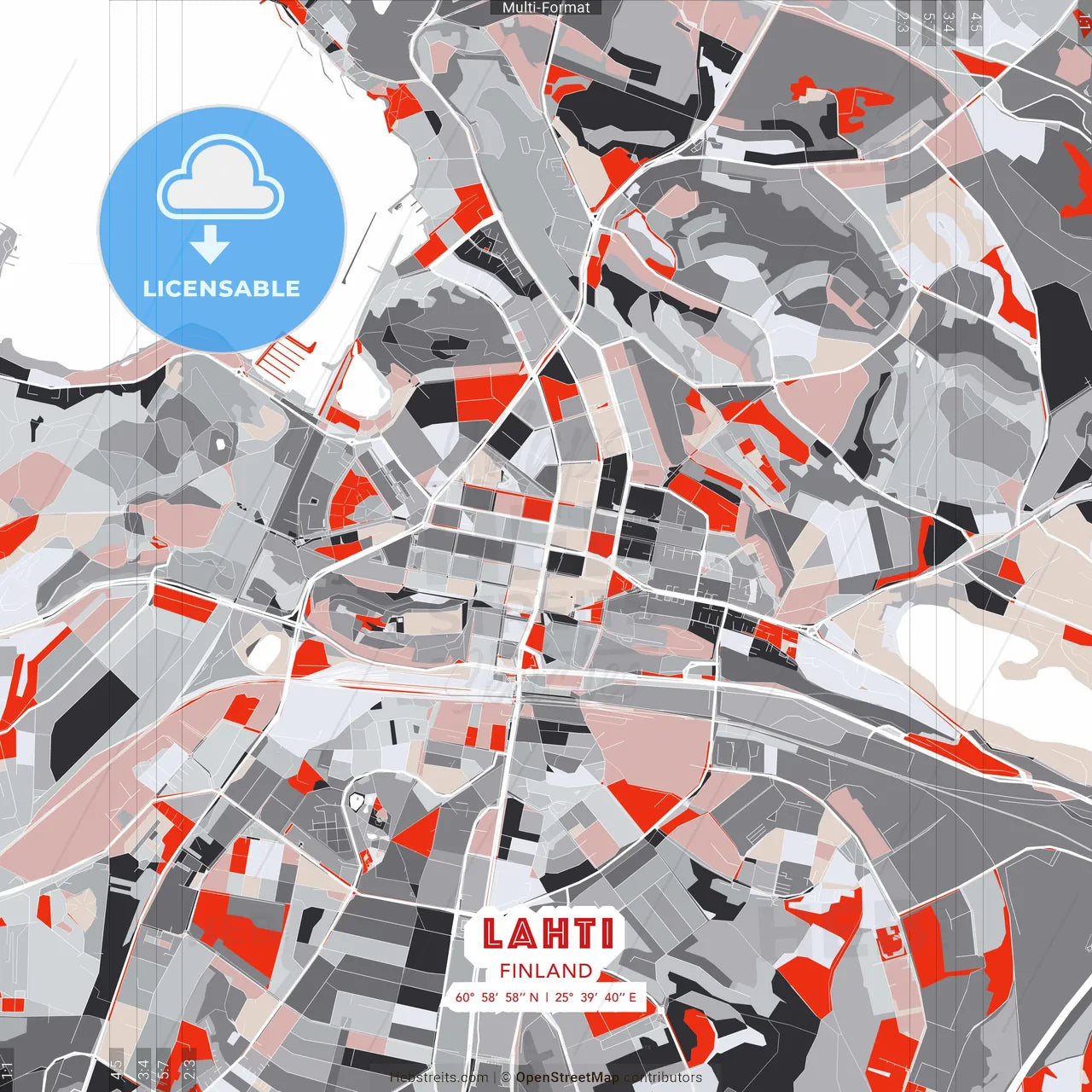 Lahti, Finland - modern street map poster template with gray and red tones