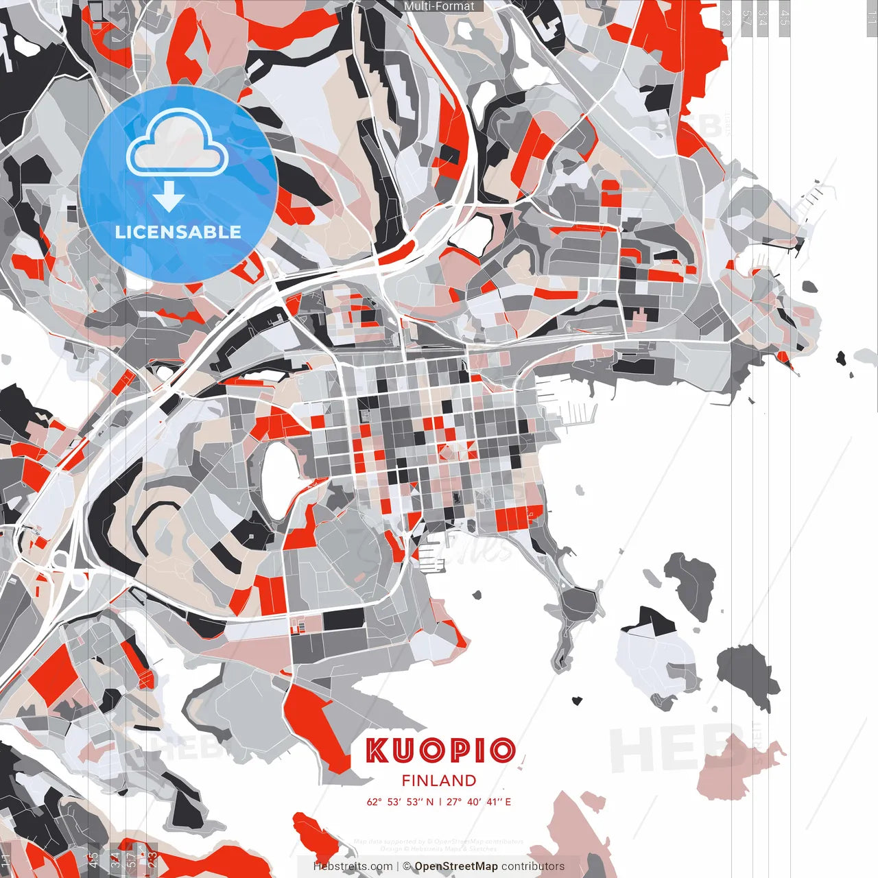 Kuopio, Finland - modern street map poster template with gray and red tones