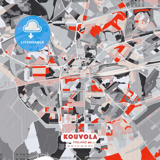 Kouvola, Finland - modern street map poster template with gray and red tones
