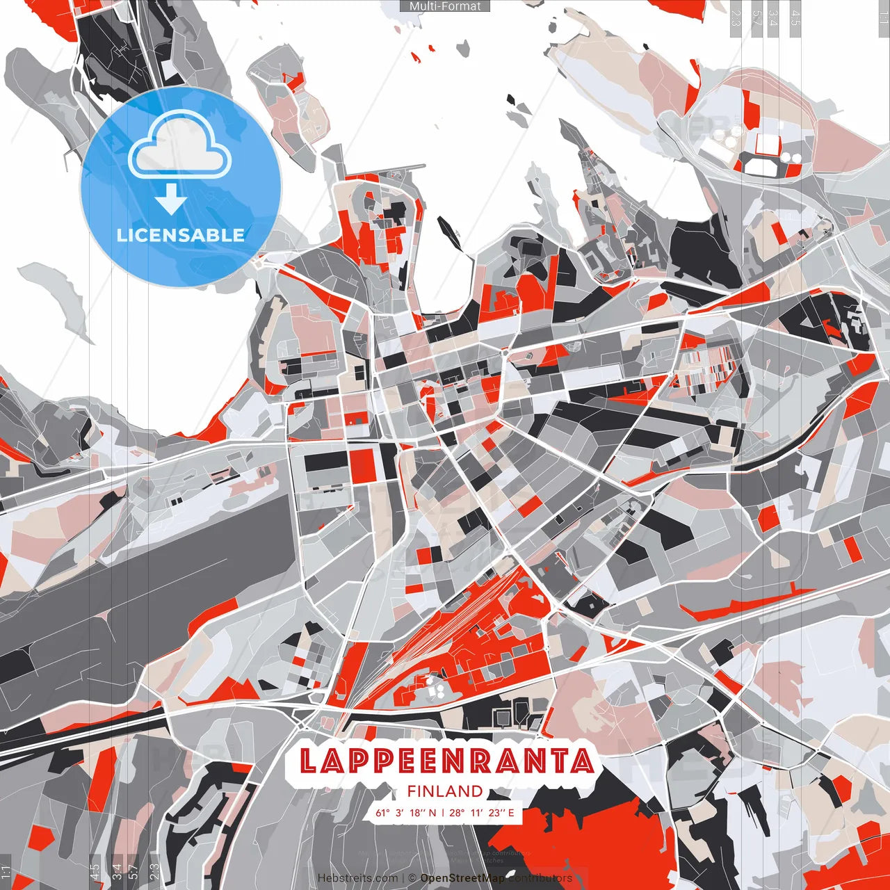 Lappeenranta, Finland - modern street map poster template with gray and red tones