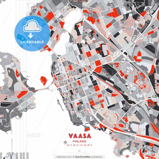 Vaasa, Finland - modern street map poster template with gray and red tones