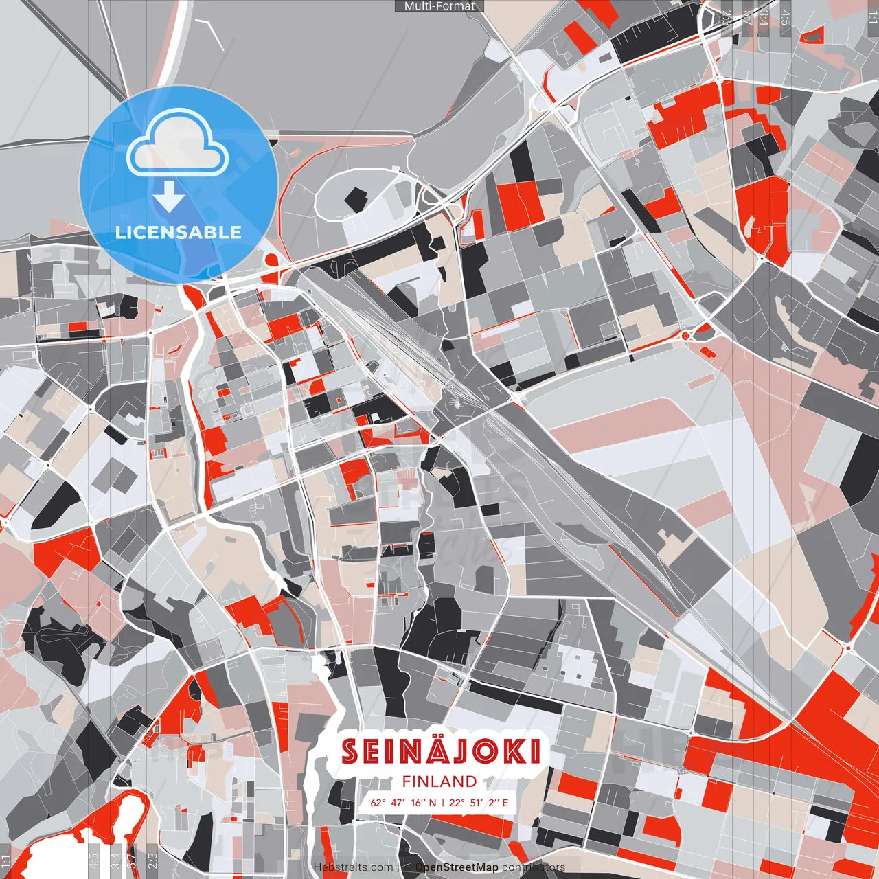 Seinäjoki, Finland - modern street map poster template with gray and red tones