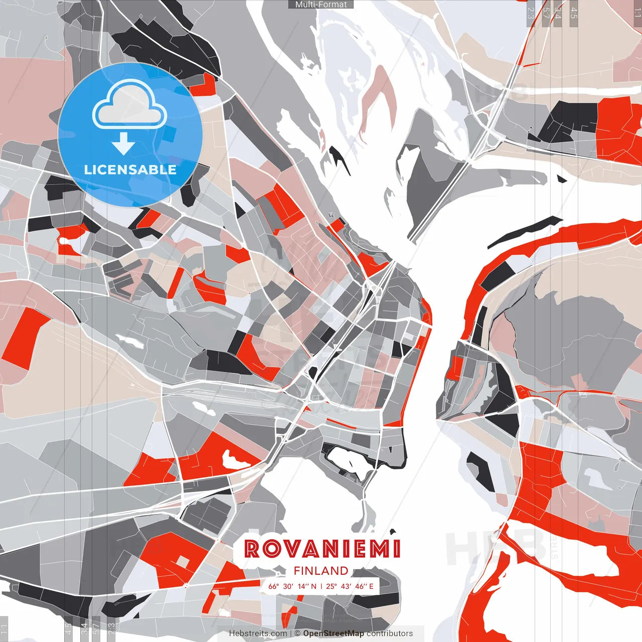 Rovaniemi, Finland - modern street map poster template with gray and red tones