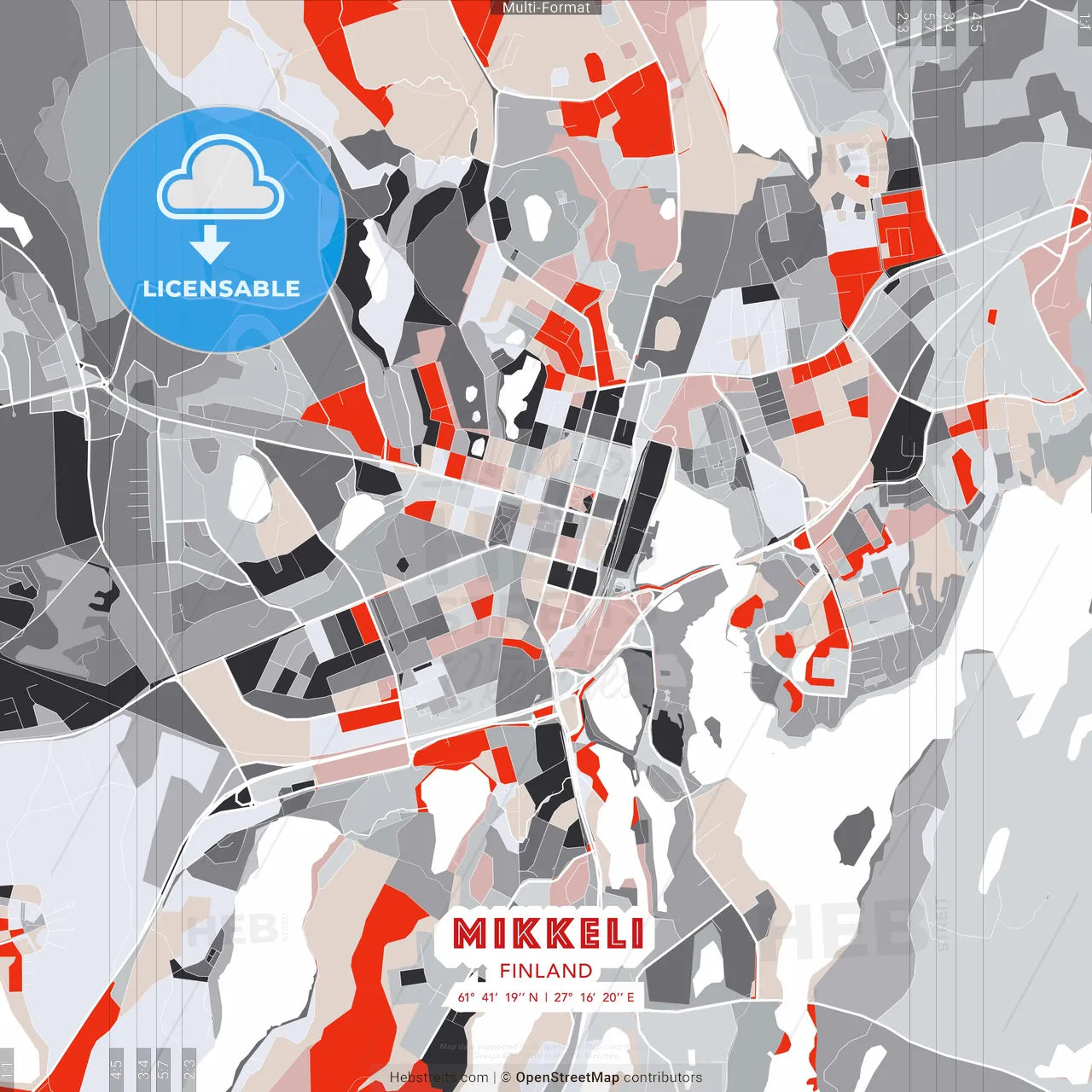 Mikkeli, Finland - modern street map poster template with gray and red tones