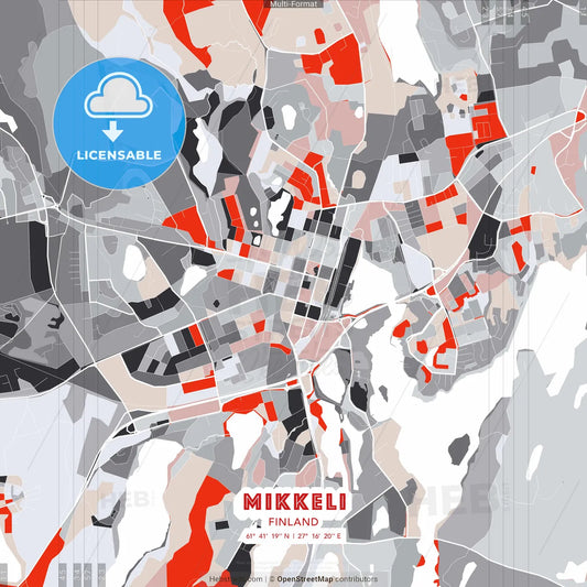 Mikkeli, Finland - modern street map poster template with gray and red tones