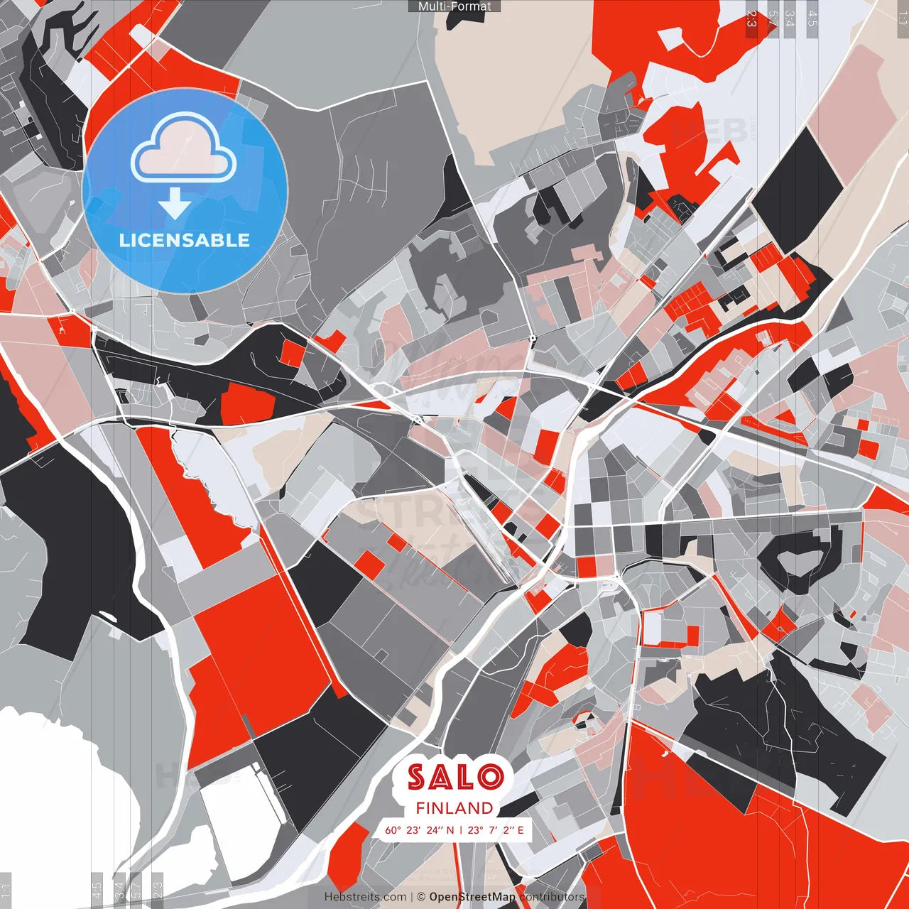 Salo, Finland - modern street map poster template with gray and red tones