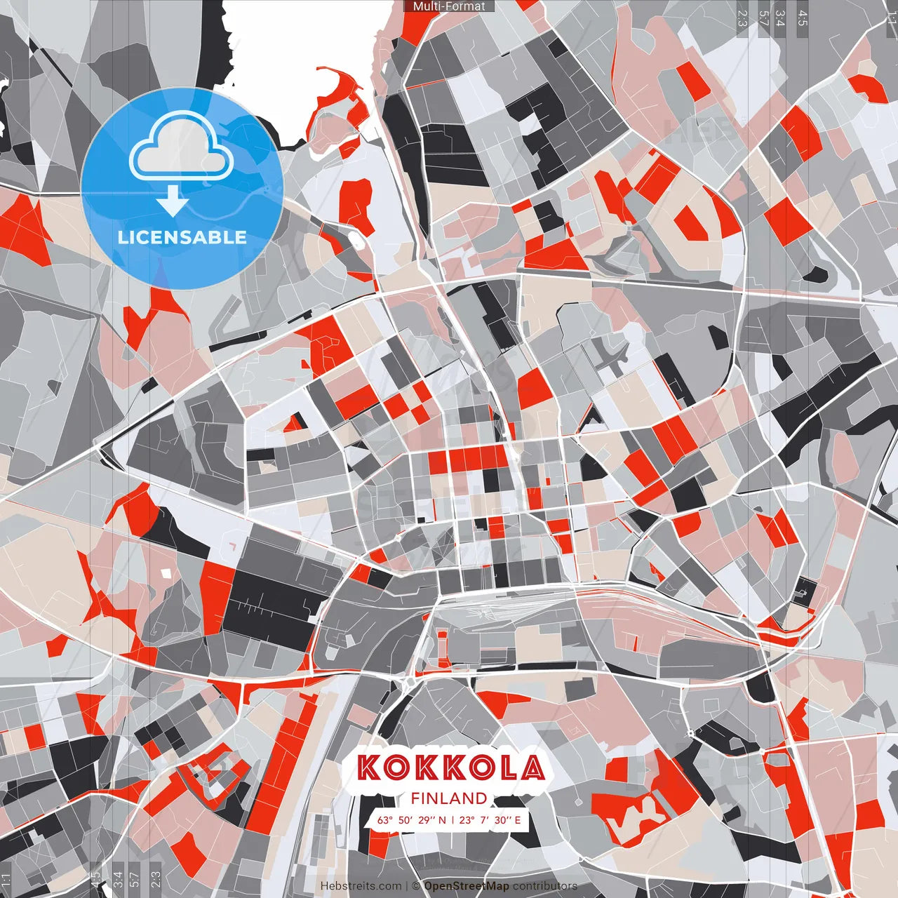 Kokkola, Finland - modern street map poster template with gray and red tones