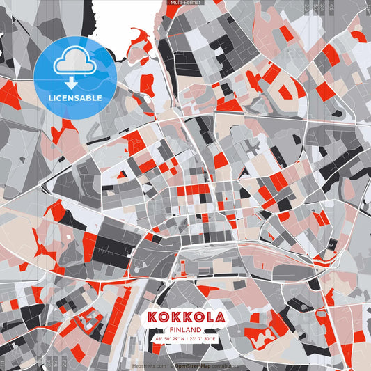 Kokkola, Finland - modern street map poster template with gray and red tones