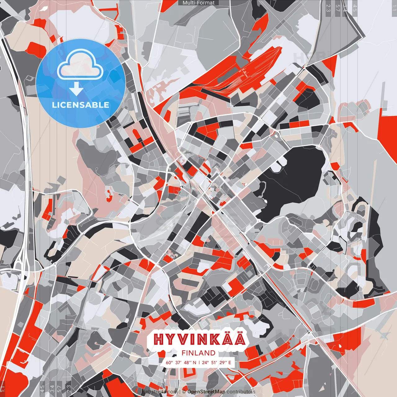Hyvinkää, Finland - modern street map poster template with gray and red tones