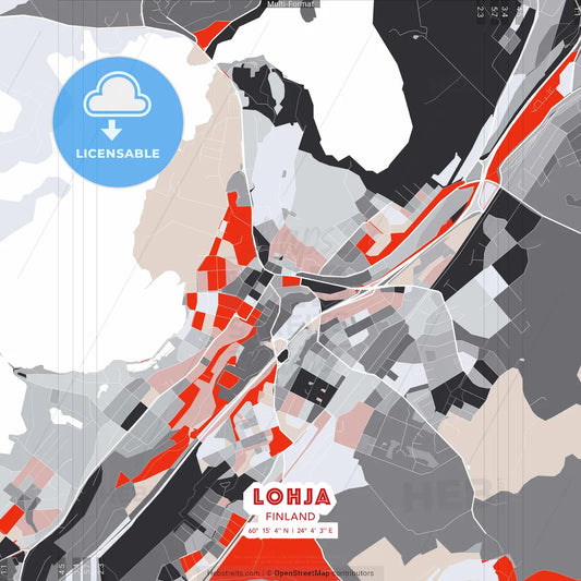 Lohja, Finland - modern street map poster template with gray and red tones