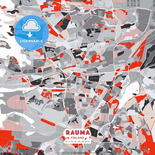 Rauma, Finland - modern street map poster template with gray and red tones