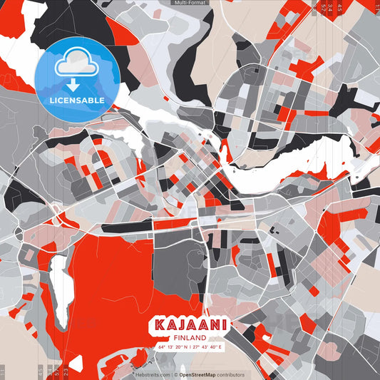 Kajaani, Finland - modern street map poster template with gray and red tones