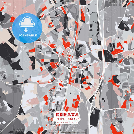 Kerava, Helsinki, Finland - modern street map poster template with gray and red tones