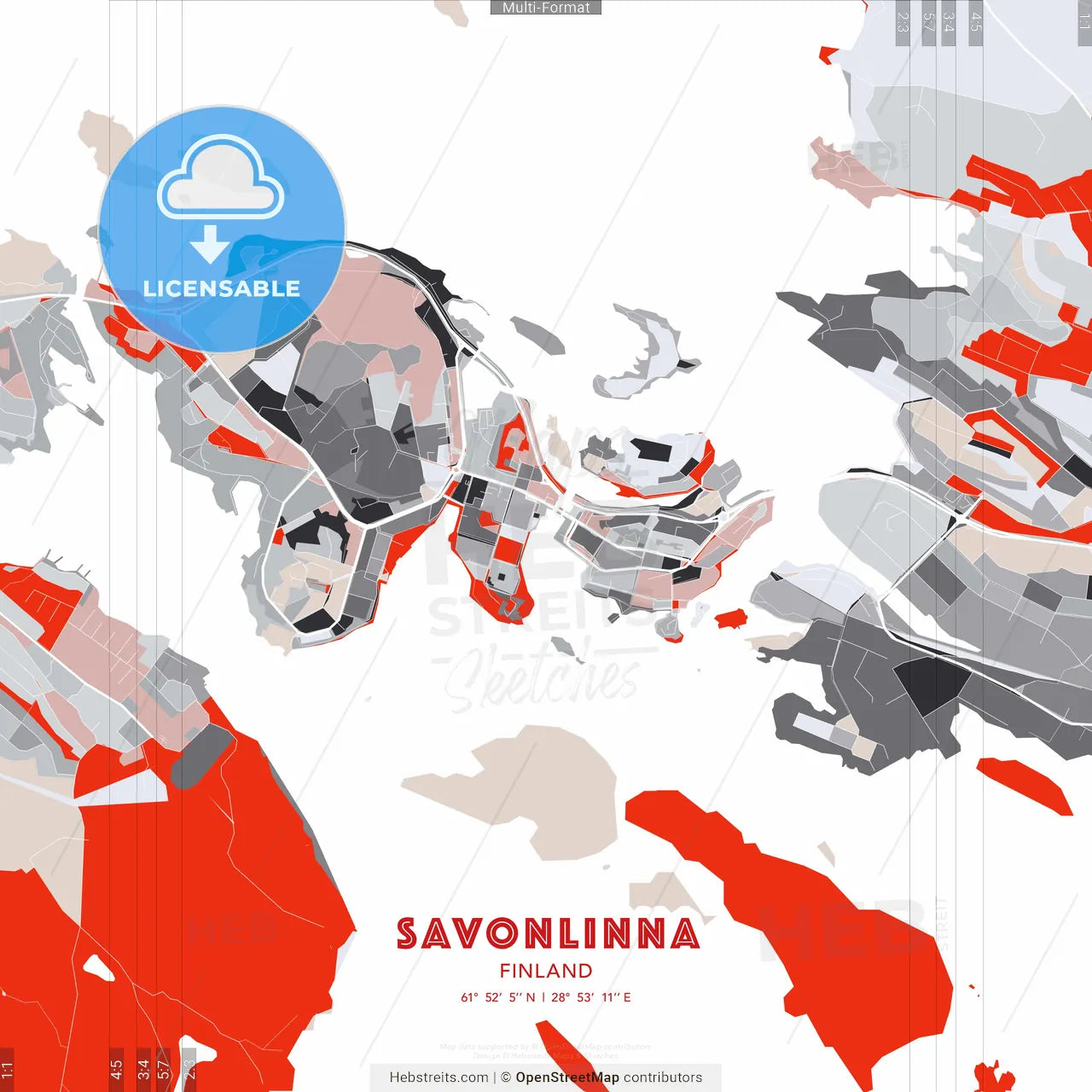 Savonlinna, Finland - modern street map poster template with gray and red tones