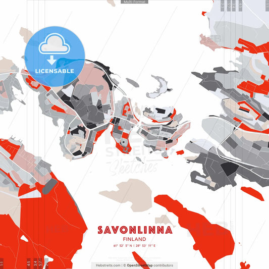 Savonlinna, Finland - modern street map poster template with gray and red tones