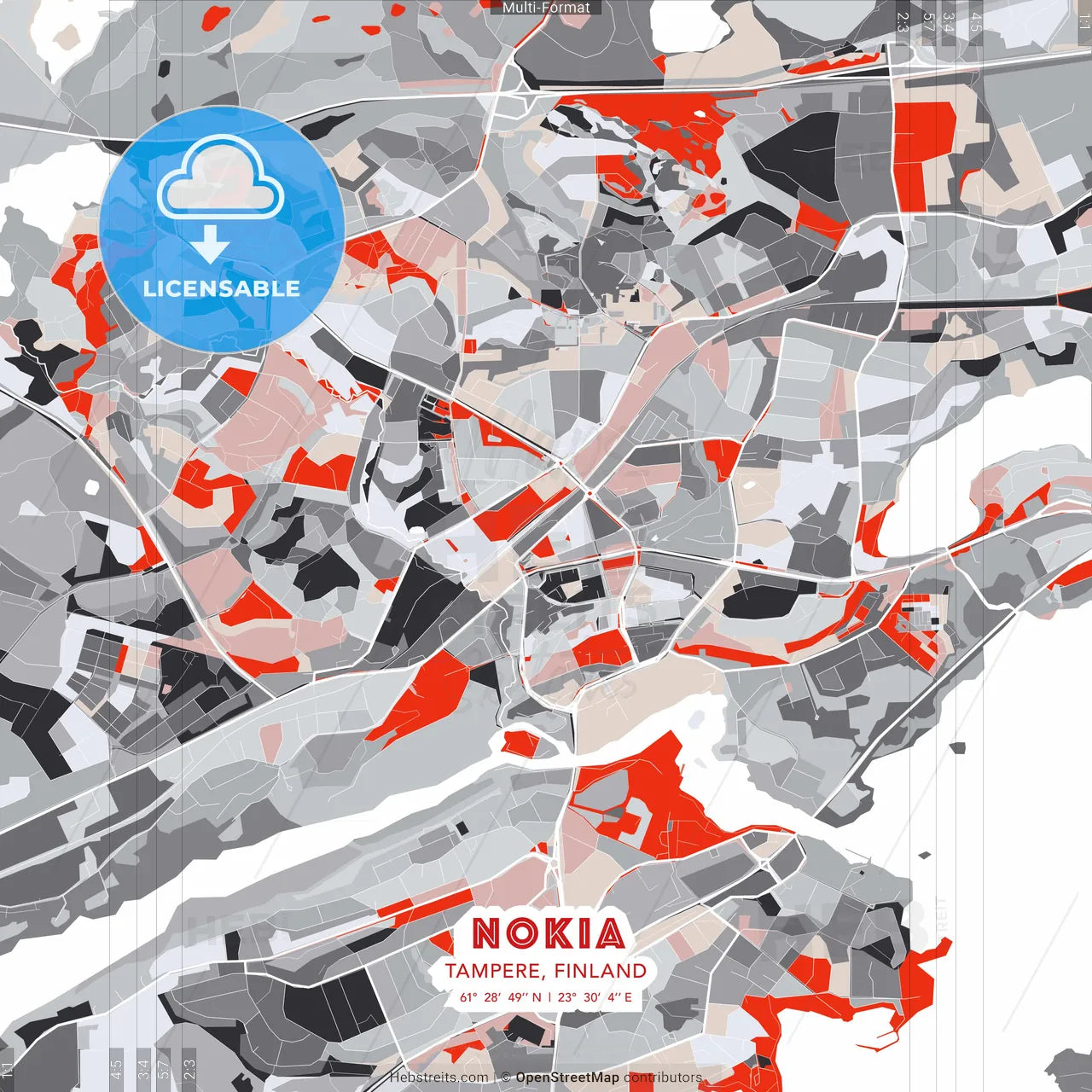 Nokia, Tampere, Finland - modern street map poster template with gray and red tones