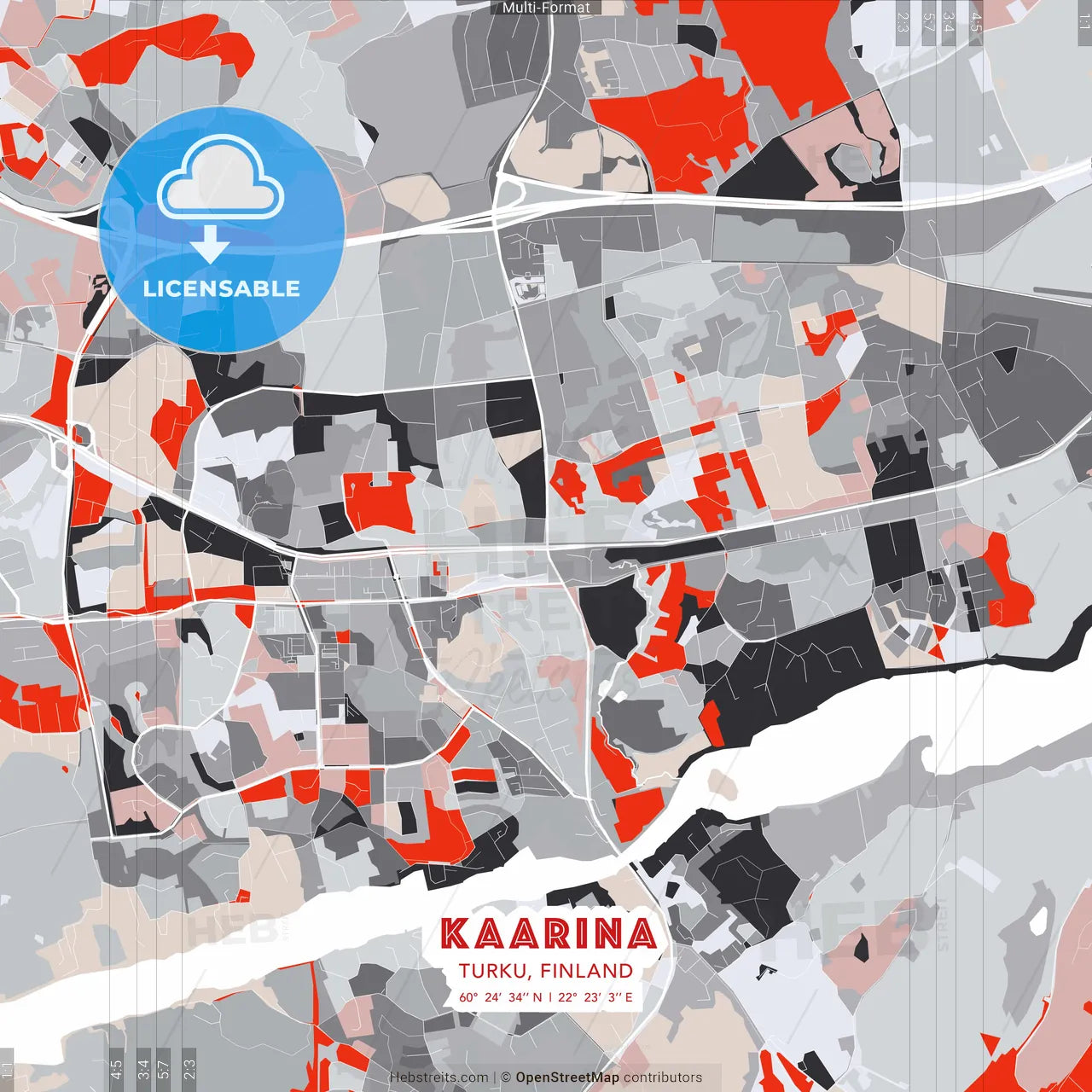 Kaarina, Turku, Finland - modern street map poster template with gray and red tones