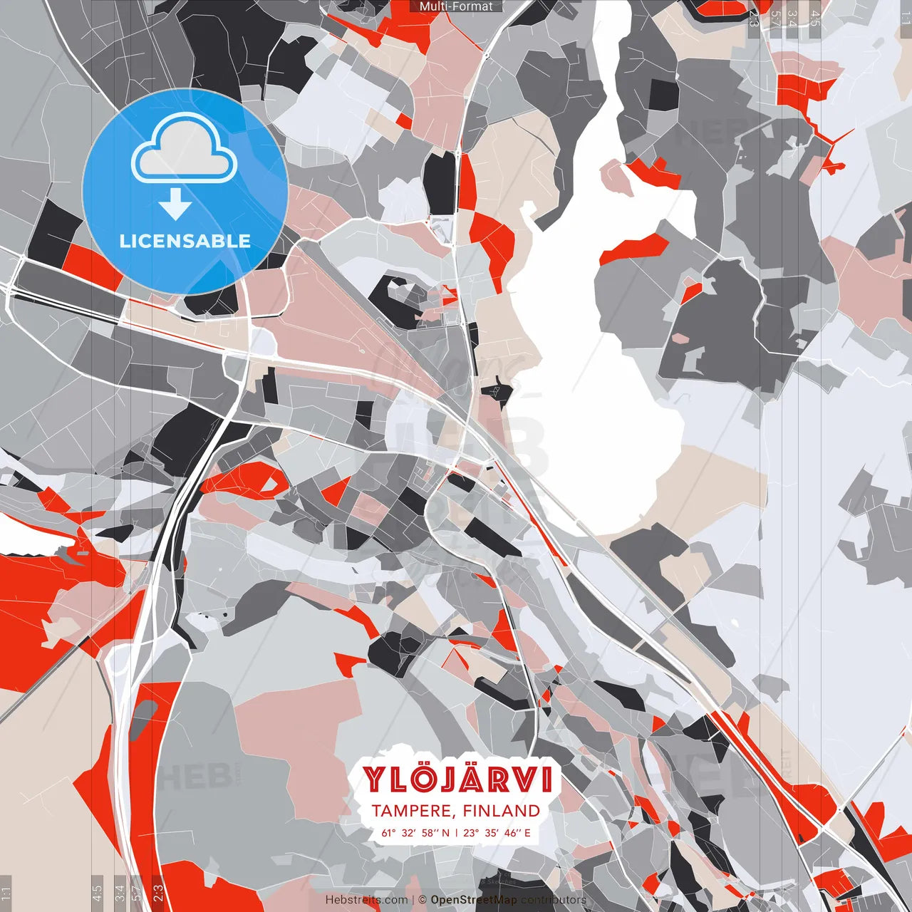 Ylöjärvi, Tampere, Finland - modern street map poster template with gray and red tones