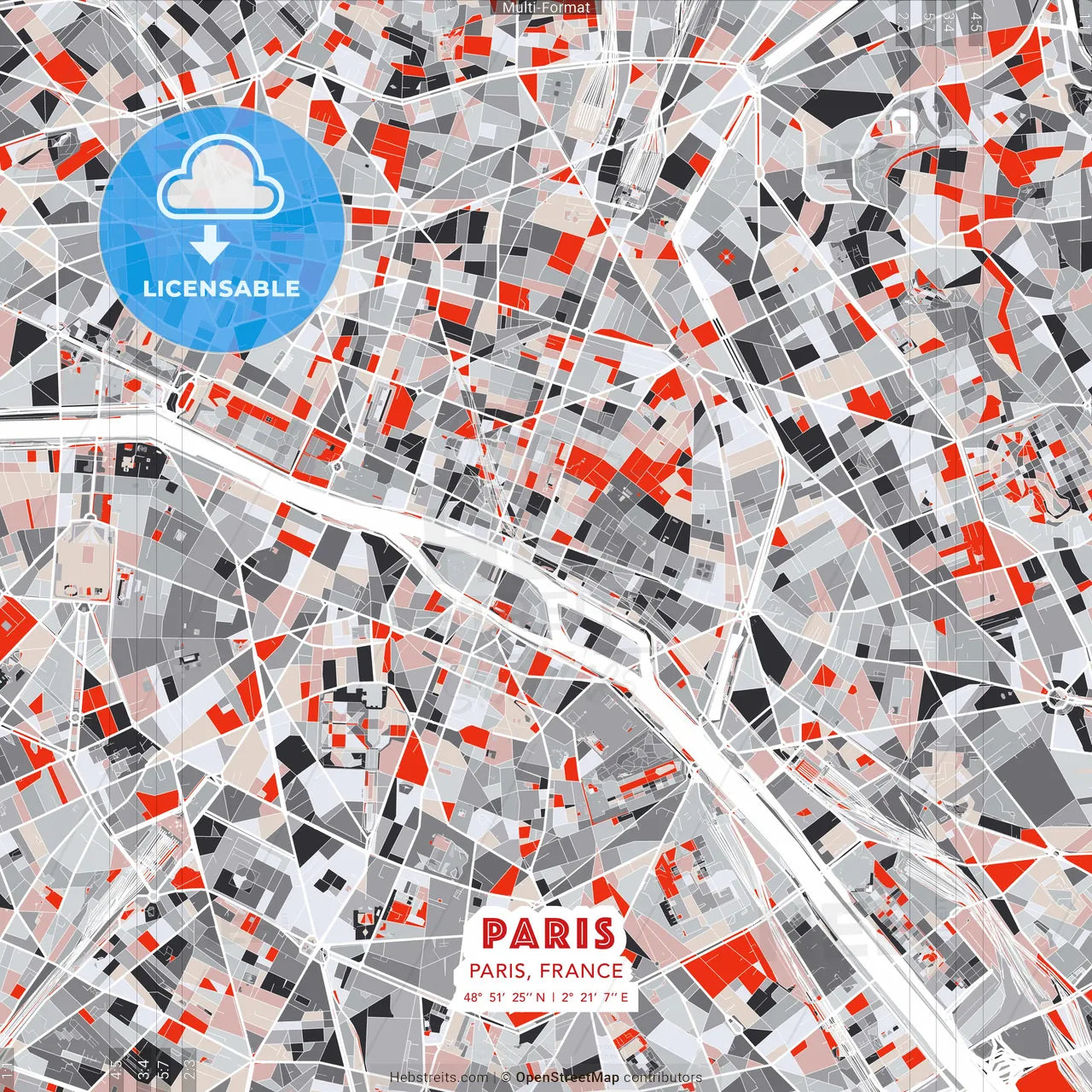 Paris, Paris, France - modern street map poster template with gray and red tones