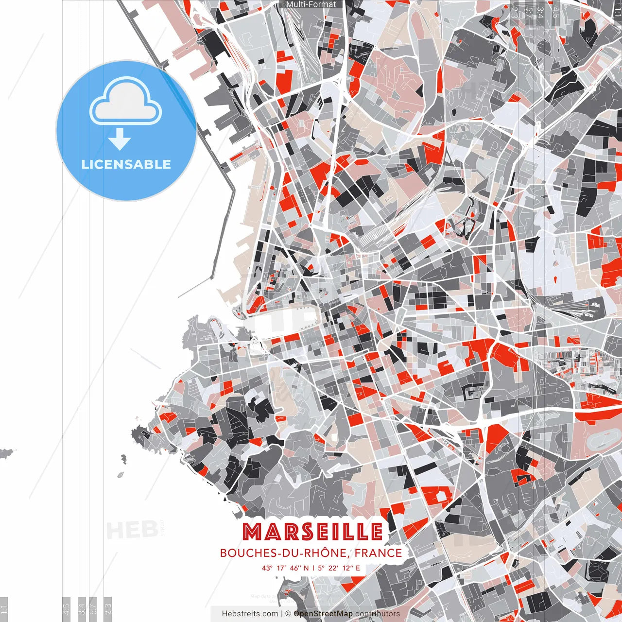 Marseille, Bouches-du-Rhône, France - modern street map poster template with gray and red tones