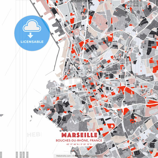 Marseille, Bouches-du-Rhône, France - modern street map poster template with gray and red tones