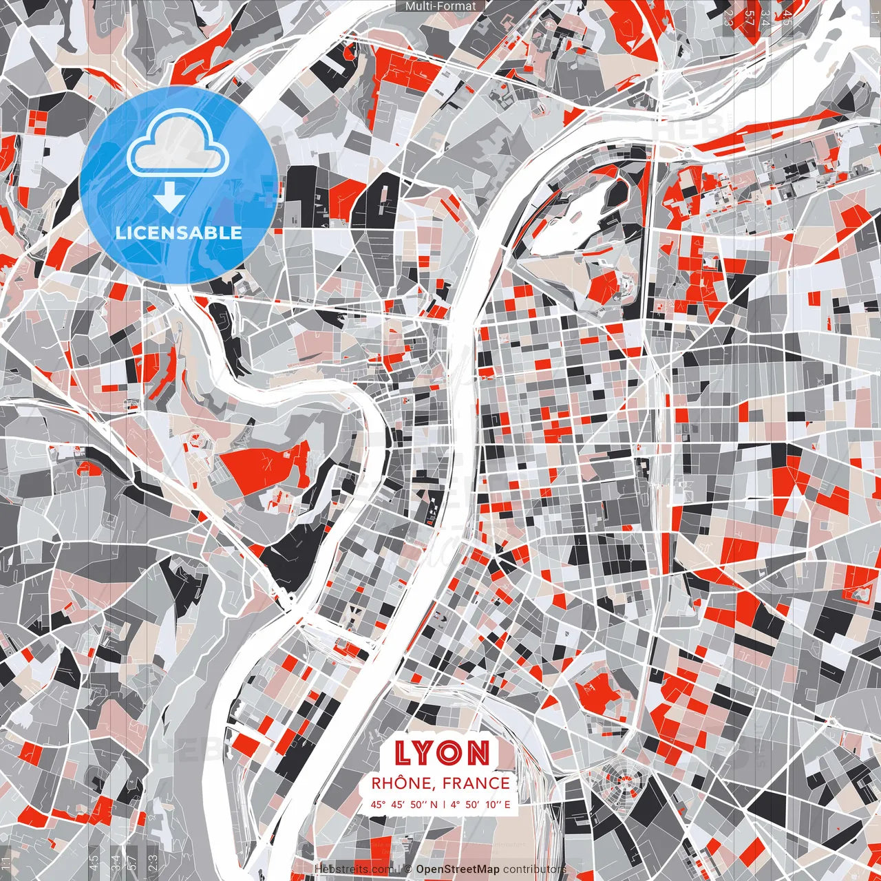 Lyon, Rhône, France - modern street map poster template with gray and red tones
