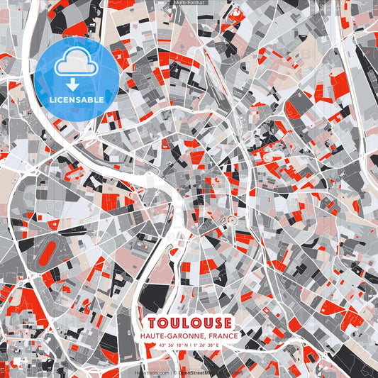 Toulouse, Haute-Garonne, France - modern street map poster template with gray and red tones