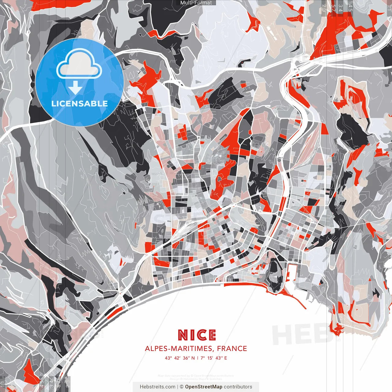 Nice, Alpes-Maritimes, France - modern street map poster template with gray and red tones