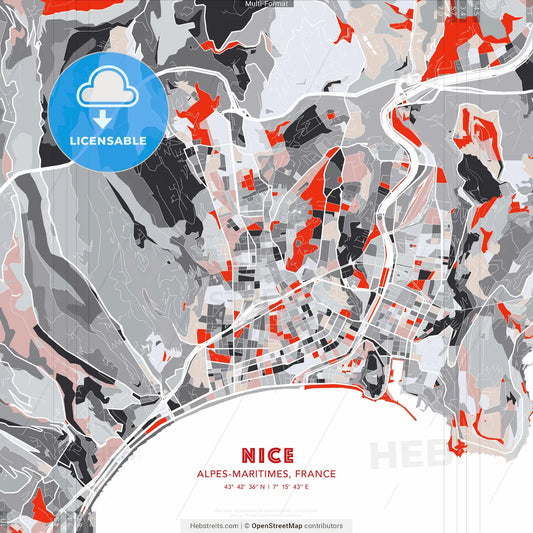 Nice, Alpes-Maritimes, France - modern street map poster template with gray and red tones