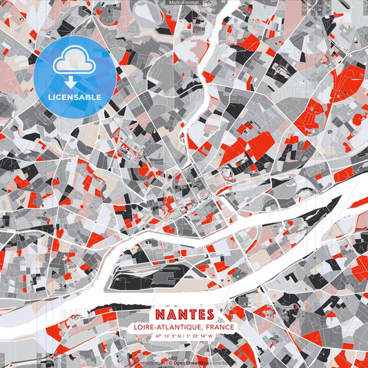 Nantes, Loire-Atlantique, France - modern street map poster template with gray and red tones