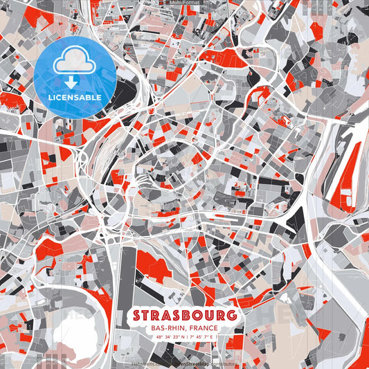 Strasbourg, Bas-Rhin, France - modern street map poster template with gray and red tones