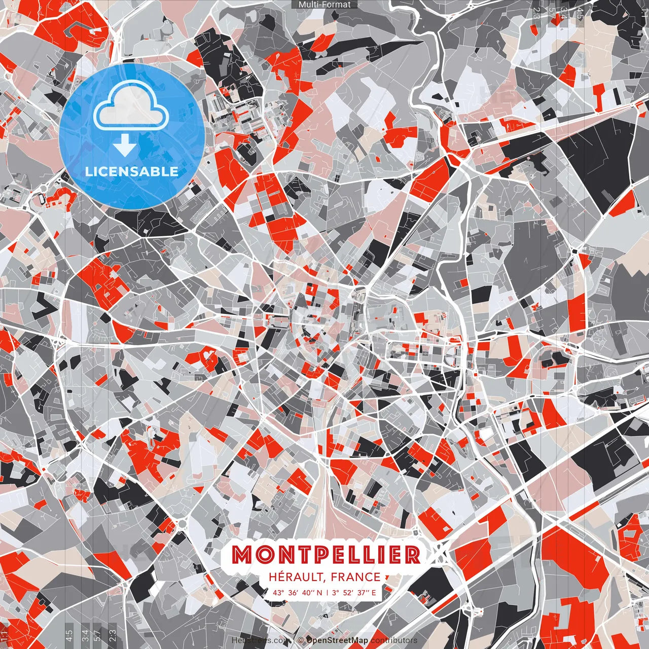 Montpellier, Hérault, France - modern street map poster template with gray and red tones