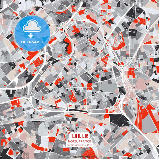 Lille, Nord, France - modern street map poster template with gray and red tones