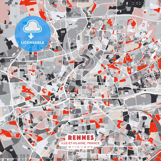 Rennes, Ille-et-Vilaine, France - modern street map poster template with gray and red tones