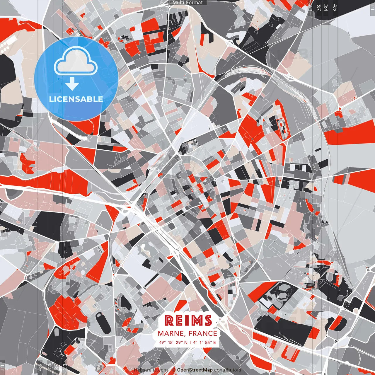 Reims, Marne, France - modern street map poster template with gray and red tones