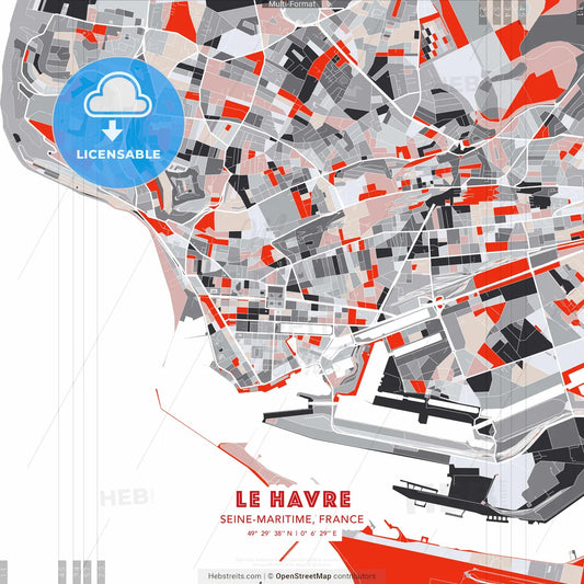 Le Havre, Seine-Maritime, France - modern street map poster template with gray and red tones