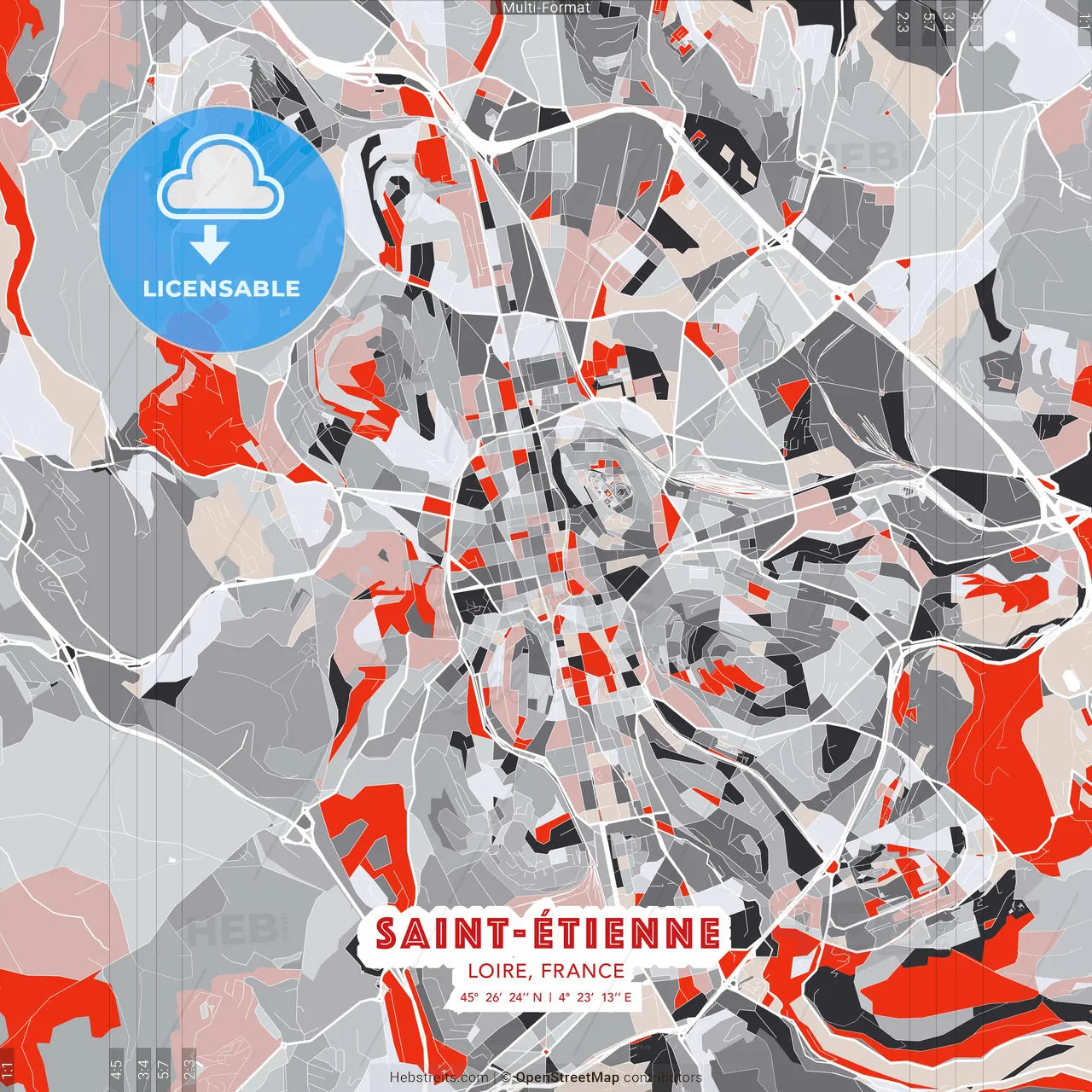 Saint-Étienne, Loire, France - modern street map poster template with gray and red tones