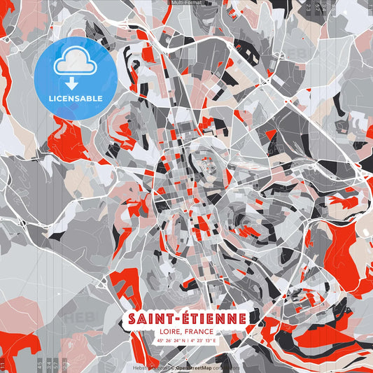 Saint-Étienne, Loire, France - modern street map poster template with gray and red tones