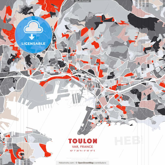Toulon, Var, France - modern street map poster template with gray and red tones