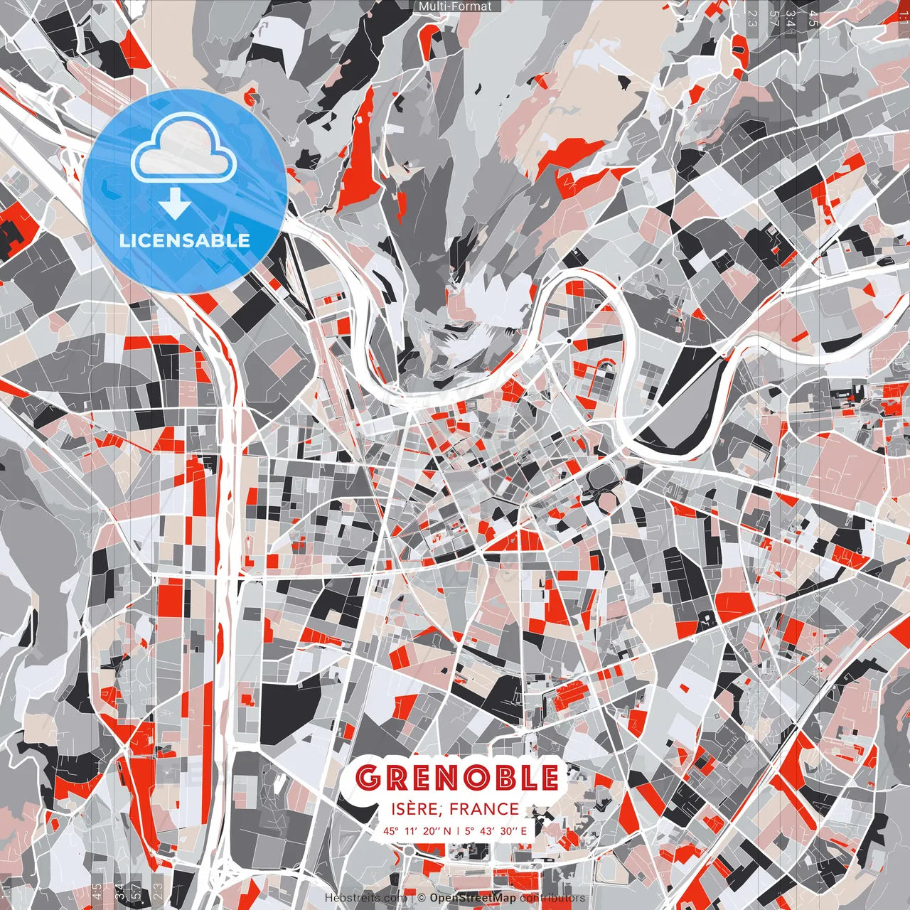 Grenoble, Isère, France - modern street map poster template with gray and red tones