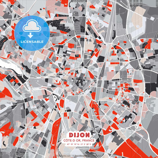 Dijon, Côte-d Or, France - modern street map poster template with gray and red tones