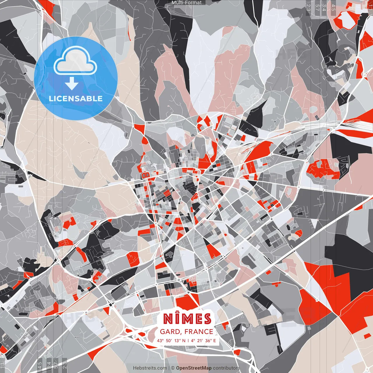 Nîmes, Gard, France - modern street map poster template with gray and red tones